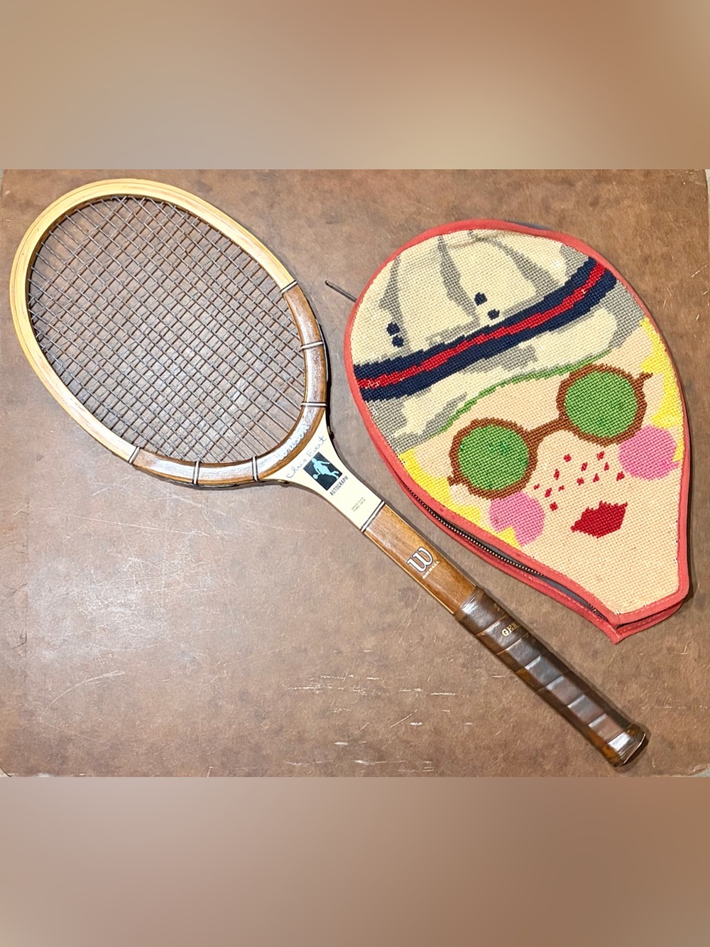Vintage- Chirs Evert Autograph Wilson Wooden Tennis Racket- Needlepoint Cover